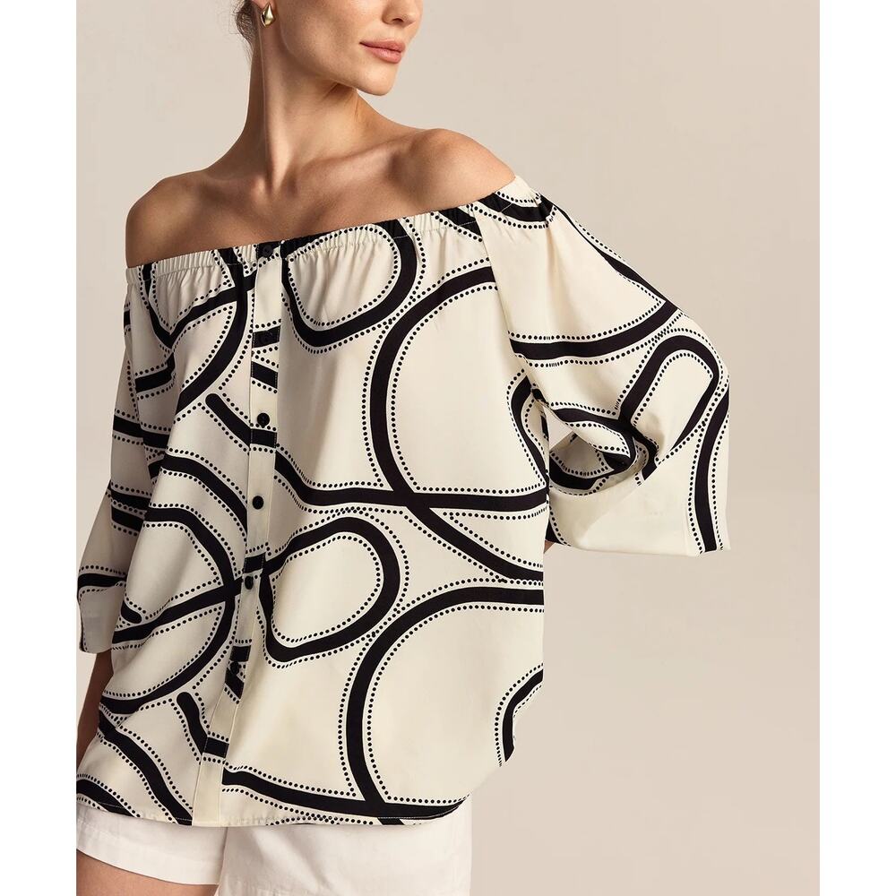 NWT Commense Patterned Off-Shoulder Blouse Size Large White Black Quiet Luxury